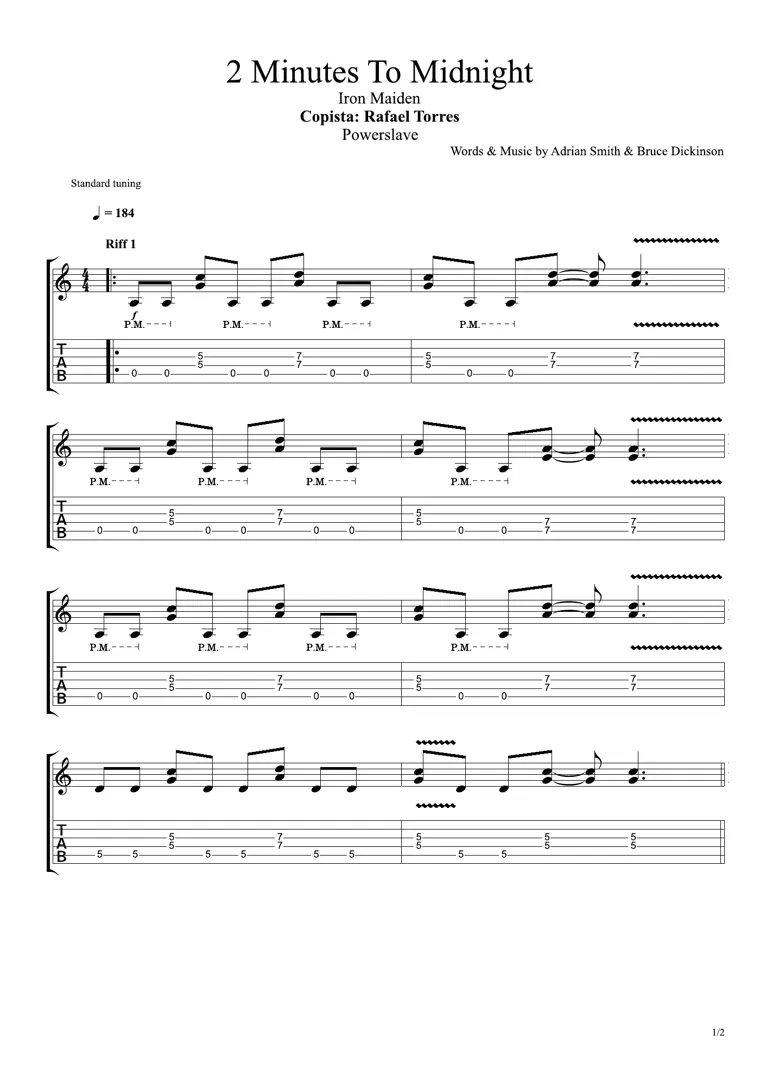 Partitura y tablatura de 2 Minutes To Midnight