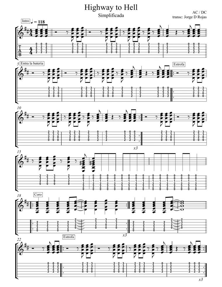Partitura y tablatura de Highway To Hell