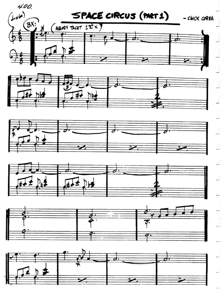 Partitura lead sheet de Space Circus Part 1