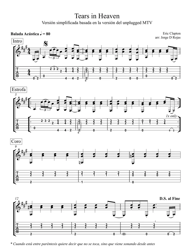 Partitura y tablatura de Tears In Heaven