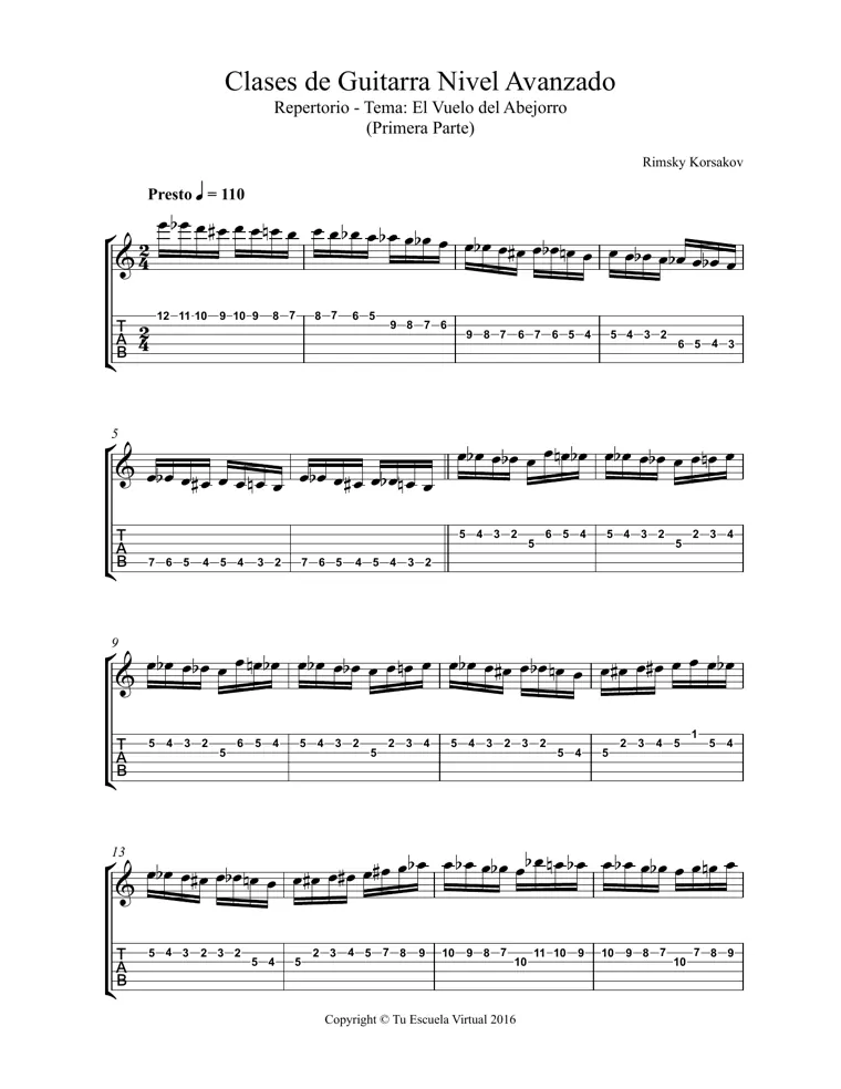 Partitura y tablatura de Vuelo del Abejorro